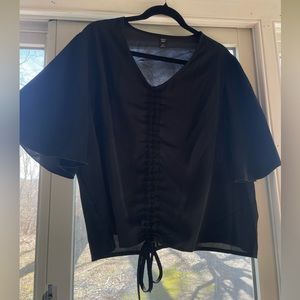 Plus Black Drawstring Front Butterfly Sleeve Blouse